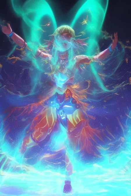 A shaman girl dances in the snow, beats a tambourine. A very big speech bubble above the reads, "HGreat spirit father, give me buzz". The night sky with the aurora borealis (An image with very contrasting and vivid psychedelic colors)