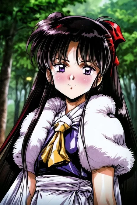 best quality 1girl Setsun4 solo long hair, (night time) forest background black hair very long hair purple eyes multicolored hair armor, small, (fur trim) (medium body),<lora:EMS-179-EMS:0.800000>,<lora:EMS-293862-EMS:0.800000> bow, hair_bow, hair_tubes, red_bow, brown_hair, long_hair, bangs, ascot, frilled_bow, yellow_ascot, blush, smile, hair_between_eyes, athletic, armor, miko, strengthmda, Smiling, happy, helmet