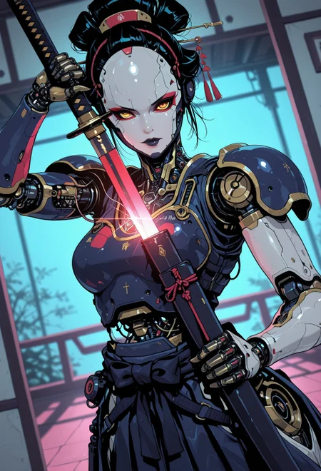 <lora:ck-nc-cyberpunk-IL-000011:0.45>,  masterpiece, best quality, good quality, very aesthetic, absurdres, newest, 8K, depth of field, focused subject, dynamic angle, action shot, 1girl, woman Geisha is an android, looking at viewer, fierce look, the plastic cyborg mask is open, the mechanical parts of the robot are visible inside, the android is very sinister and dangerous, cross_draw, katana, sword_draw, iaido, one_hand_on_sheath, unsheathing, from the epic movie Ghost in Armor, erie japanese teahouse background
in the style of cknc, in the style of ck-rw
<lora:MoriiMee_Gothic_Niji_Style_Illustrious_r1:0.5>
<lora:ck-neon-retrowave-IL:0.55>
<lora:ck-shadow-circuit-IL:0.65>