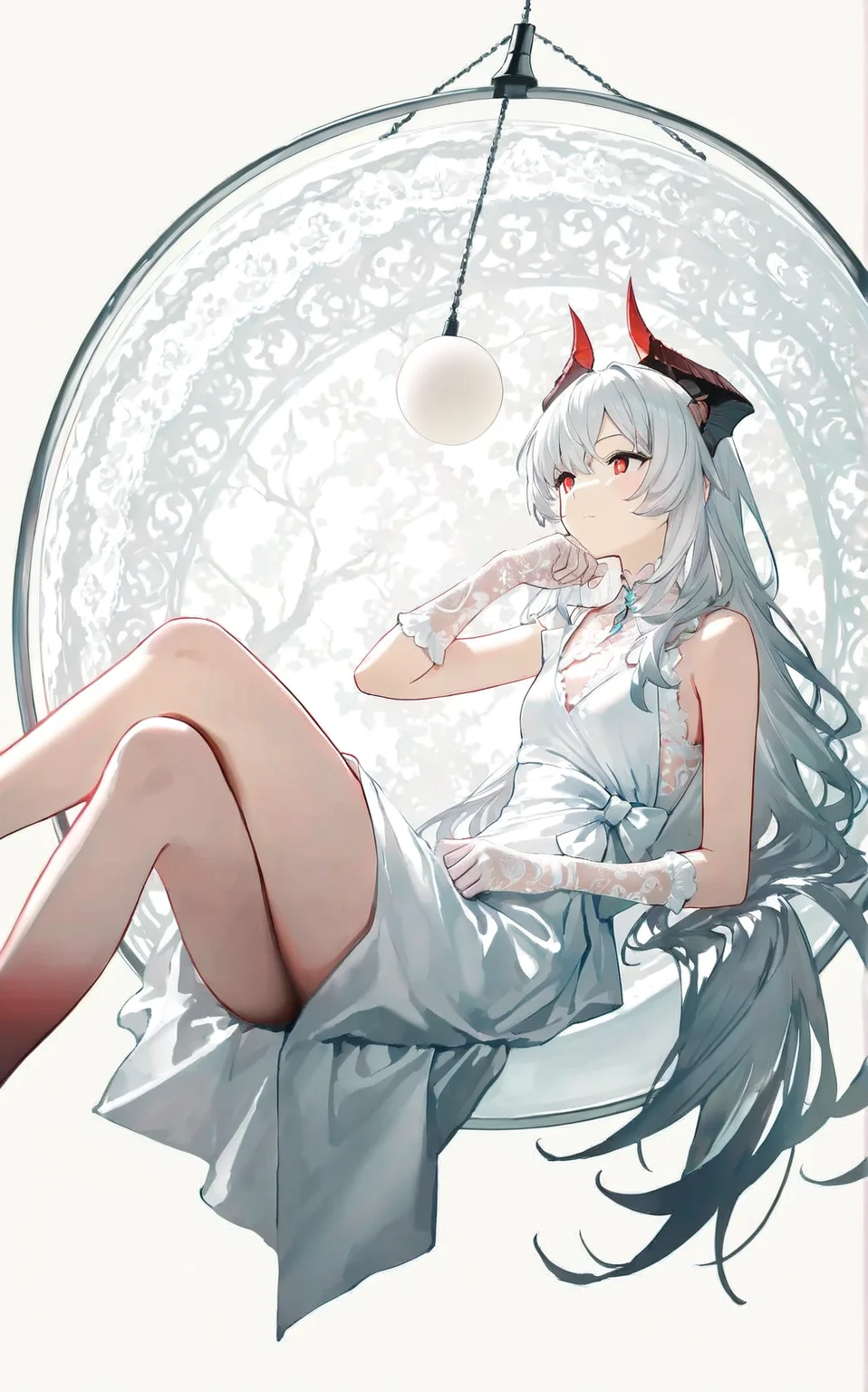 1girl,solo,silvery white hair,long hair,hair draping over the edge,(Black-to-Red Gradient Demon Horns:1.1),(flat chest:0.8),curved forward Horns,white sleeveless dress,white lace gloves,(beautiful_detailed_eyes:1.1),(Red_Dragon_Eyes:1.1),thinking,(fully reclining in large hanging ball chair with one arm draped over the edge:1.1),(hanging ball chair:1.1),bare legs,crossed_legs,cinematic_angle,from_side,(face_focus:1.2),cowboy_shot,Cinematic Lighting,simple background,hyperdetailed,best quality,masterpiece,white_theme,novel illustration,absurdres,wallpaper,faux_traditional_media,<lora:rafaelaaa:0.7>,