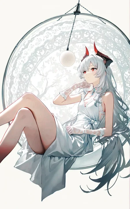 1girl,solo,silvery white hair,long hair,hair draping over the edge,(Black-to-Red Gradient Demon Horns:1.1),(flat chest:0.8),curved forward Horns,white sleeveless dress,white lace gloves,(beautiful_detailed_eyes:1.1),(Red_Dragon_Eyes:1.1),thinking,(fully reclining in large hanging ball chair with one arm draped over the edge:1.1),(hanging ball chair:1.1),bare legs,crossed_legs,cinematic_angle,from_side,(face_focus:1.2),cowboy_shot,Cinematic Lighting,simple background,hyperdetailed,best quality,masterpiece,white_theme,novel illustration,absurdres,wallpaper,faux_traditional_media,<lora:rafaelaaa:0.7>,