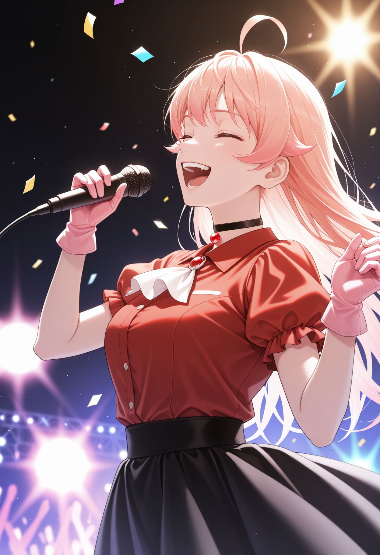masterpiece,best quality,absurdres,highres,very aesthetic,high quality,detailed,insanely detailed,beautiful,perfect lighting, ,depth of field,blurry background,bokeh, looking at viewer,
hands up, stage scenery, confetti, live concert, rock music, metal music, headbanging, holding microphone, closed eyes, screaming, spot light, looking at viewer, smile, solo, close portrait, simple background, smile, solo, teeth, detailed hair, from side,
idol clothes, frills, red shirt, collared shirt, white ascot, brooch, red gemstone, puffy short sleeves, frilled sleeves, pink gloves, black skirt, frilled skirt
 <lora:Wakatsuki Niko illu:1> 1girl, pink hair,ahoge, purple eyes, long hair, choker,
