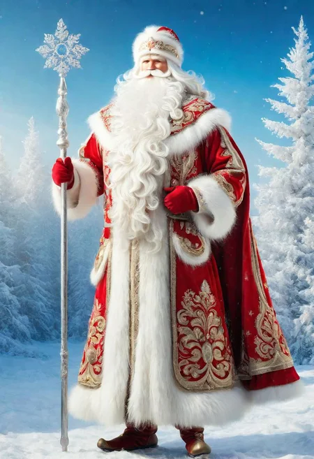 ((best quality)), ((masterpiece)), detailed soft oil painting, detailed background, soft edge lighting, professional, ultra quality, 4k,(masteriece, best quality, 8k, ultra highres, highres:1.4), extremely detailed, 
((a strong man of 60 years old with a long snow-white beard in the image of Russian, slavic Ded Moroz)) 
(standing:2) (full body photo:2) in the snowy forest, 
stands in a snowy forest among snow-covered fir trees, 
in a white fur coat trimmed with swan down or sable fur, embroidered with traditional Russian ornaments in silver - stars, crosses, geese, drawing in the style of oil painting, medium brush strokes, khokhloma style, slavic style, 
On the head is a traditional white warm boyar hat in the shape of a semi-oval, decorated with traditional Russian silver and pearl embroidery, trimmed with swan's down.
on her hands are huge white three-fingered mittens, decorated with traditional Russian silver embroidery.
The fur coat is tied with a white sash, embroidered with traditional Russian patterns.
On his feet are exclusively white felt boots embroidered with silver.
(((With his right hand he holds a long magical crystal staff with a twisted handle. The staff is decorated with a moon and a bull's head))). 
looks at the viewer, cheerful calm kind look, kind smile, cheeks red from frost, 
winter, a bright sunny frosty day, fluffy Christmas trees in snow, snow sparkles under the rays of the sun,
 by Viktor Vasnetsov, by Vasily Surikov