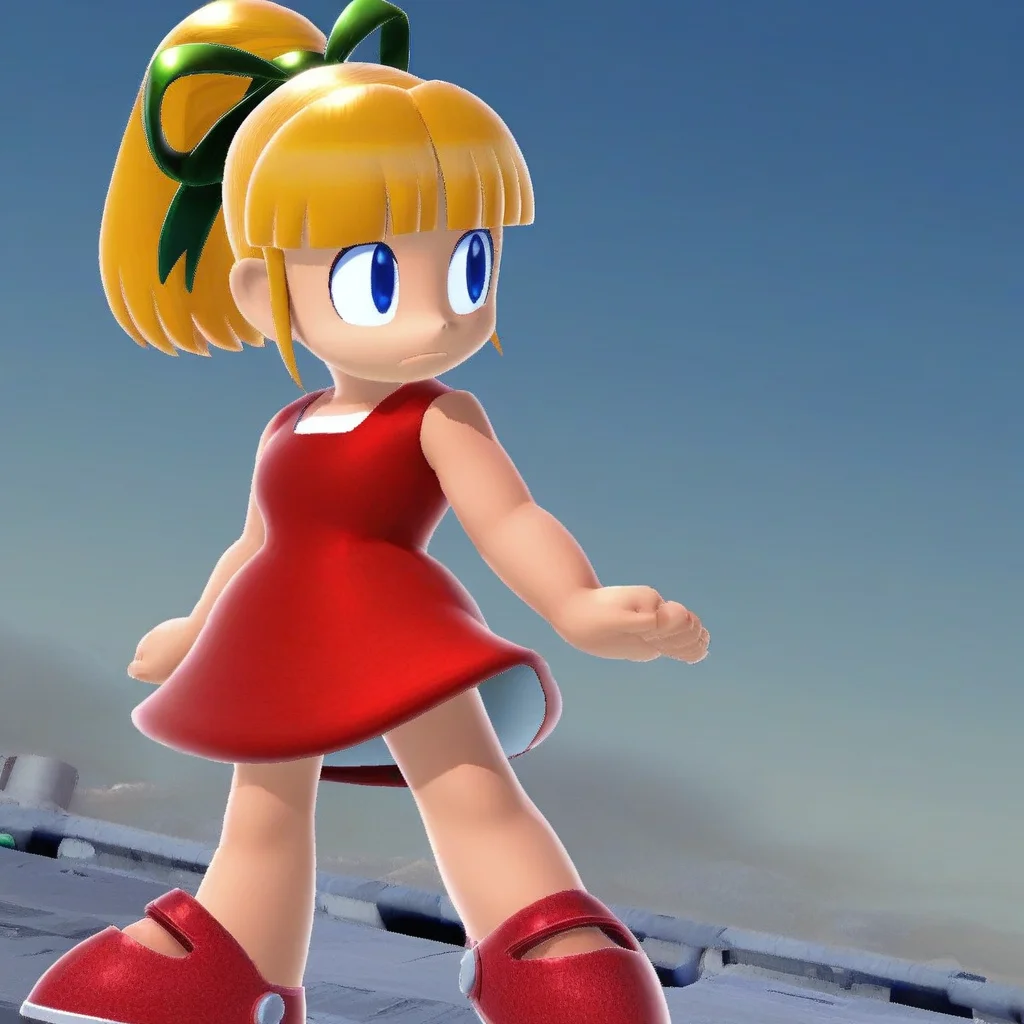 exposed legs, ponytail, bangs, red mary jane shoes, blonde hair, sleeveless, 1girl, red dress, green ribbon in hair, bare shoulders, blue eyes, Roll