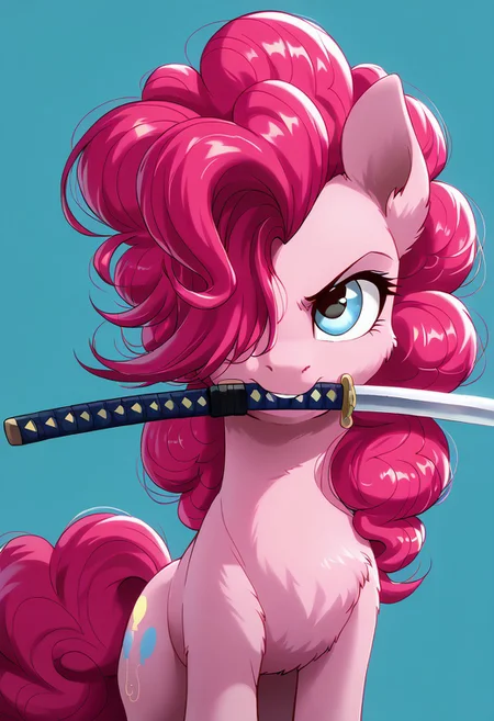 score_9, score_8_up, score_7_up, score_6_up, pinkie pie, earth pony, pony, g4, simple background, female, fluffy, glare, hair over one eye, katana, mare, mouth hold, simple background, solo, sword, weapon