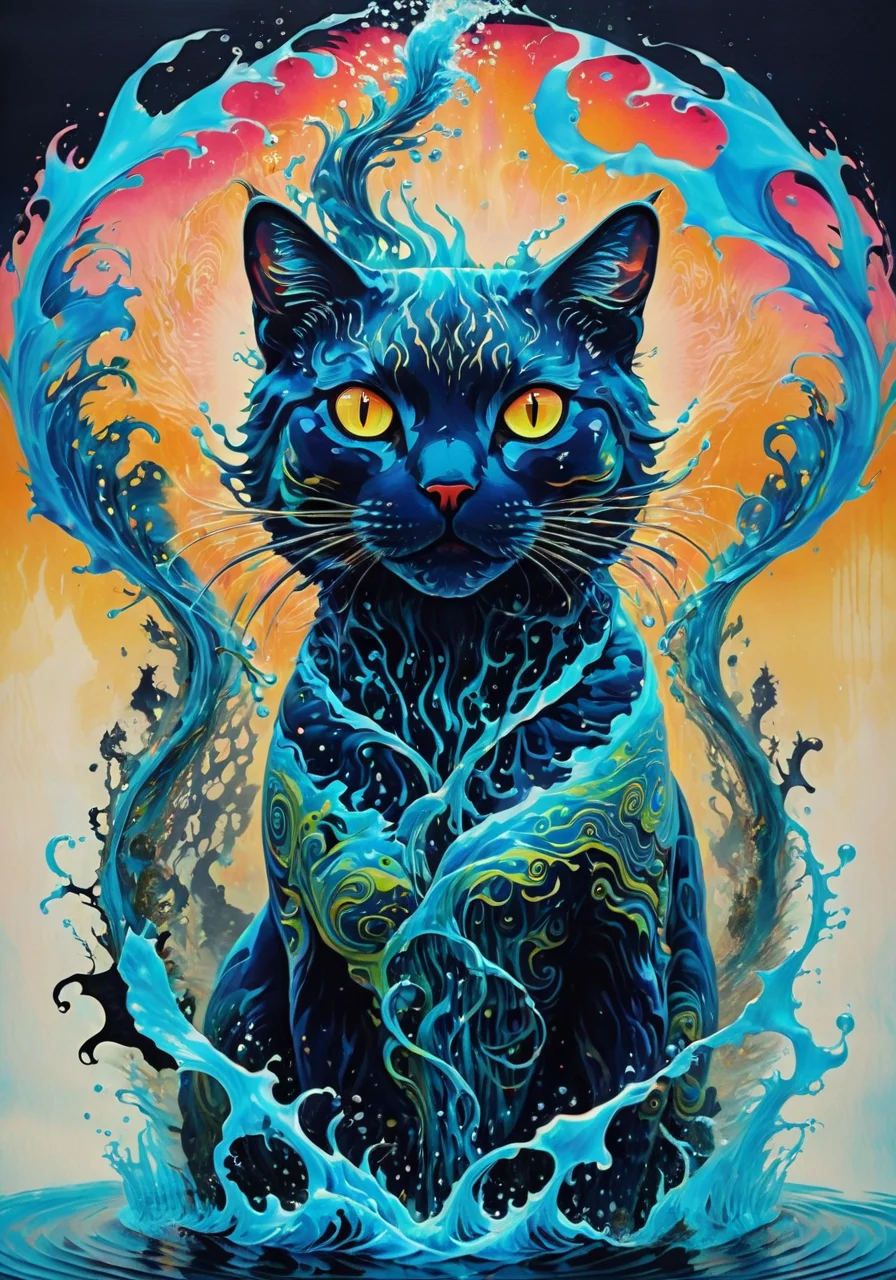 horror-themed psychedelic style (Masterpiece, high quality, best quality, official art, beauty and aesthetics:1.2),water element,a cat made of water,water,(cat:1.2), <lora:xl-shanbailing-1011-2water:0.85> <lora:SDXLStencilStyle:0.6> . vibrant colors, swirling patterns, abstract forms, surreal, trippy . eerie, unsettling, dark, spooky, suspenseful, grim, highly detailed