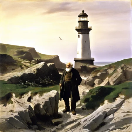 old man near the lighthouse, sentimental, by alexandre calame, painting, swiss, landscape, scenery