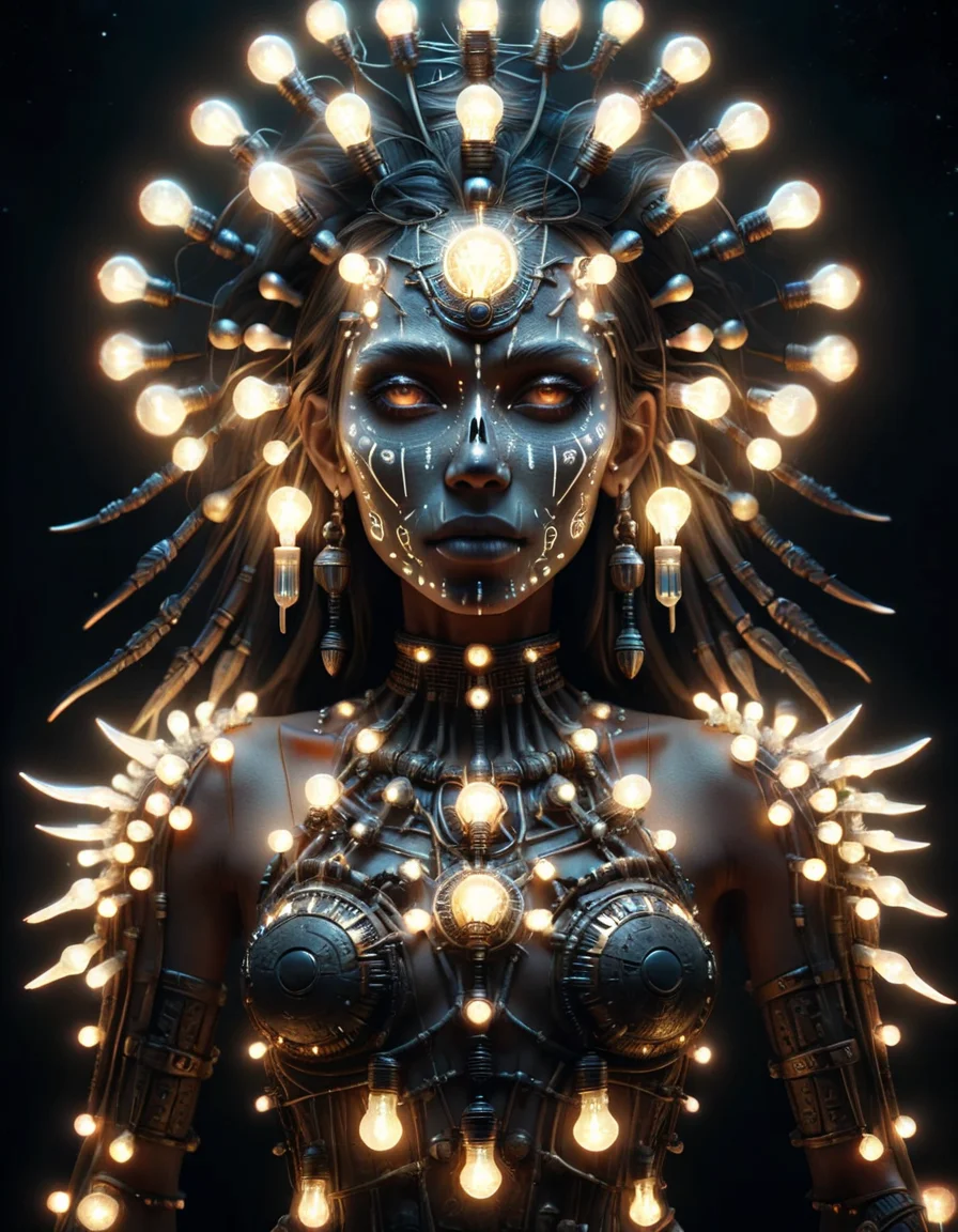 (Cyberpunk:1.1), Ancient tribal god, dark-fantasy, kodak portrait 400, 8k, soft light, volumetric lighting, highly detailed, britt marling style 3/4, portrait photo of a war female Aztec god in a chemical laboratory + face, face is skullbone with scars, intricate, elegant, highly detailed, devil-armor, 2D motifs detailed dark tribal digital painting, artstation, concept art, smooth, sharp focus, illustration, art by Otomo Katsuhiro and ShirÅ Masamune and Oshii Mamoru. Cosmic light in backfront, omnipotent, powerful <lora:ral-lgtblb-sdxl:1> ral-lgtblb