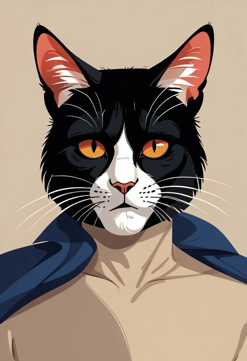 score_9, score_8_up, score_7_up, solo, 1 cat, easynegative, catman, memphis corporate design, flat art, flat coloring, simple, vector art, corporate art, cel shading, cel shaded, Vector Cartoon Illustration, cat, catman, man with cat head, red furr cat, red furr, dark blue mantle, beige backgound,