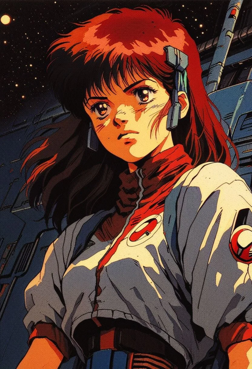 score_9, knva, halftone effect, 1girl, solo, sci-fi, retro artstyle, outer space, mecha anime, EPguTakayaNoriko,
