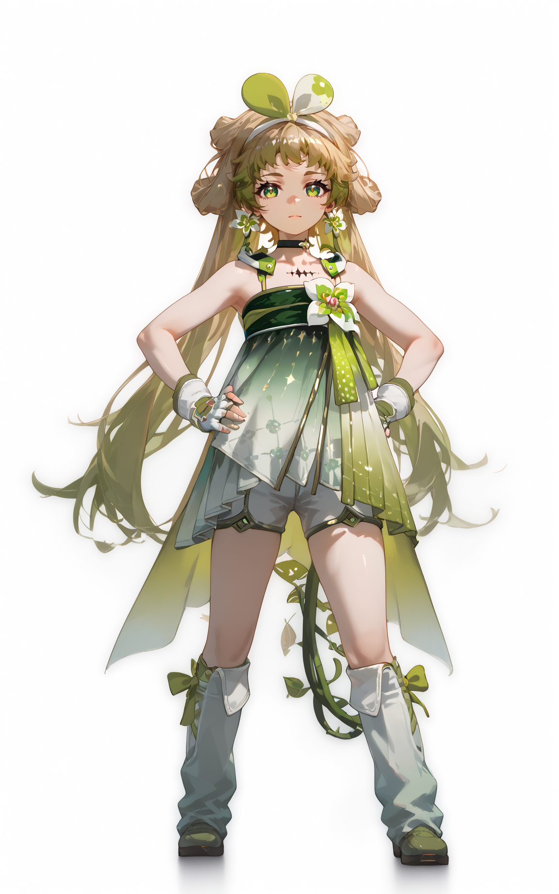 score_9, score_8_up, score_7_up, score_anime, 8k, best quality, masterpiece, (ultra-detailed), (high detailed skin), (by nanoless, by misumi \(macaroni\),:0.5), <lora:YLI 0.1v:0.5>, <lora:style1:0.5>, 
A full-body portrait of a young girl, standing gracefully, pastel art style, high-key lighting, shoujo manga influence, hd quality, delicate details, 
full body, full shot, standing, looking at viewer, (solo:1.2), simple background, white background, hand on own hip, 
<lora:vlinai-pony-Tanger:0.8>, vlinai, default clothes, Green vine tail, 1girl, long hair, green eyes, gloves, fingerless gloves, very long hair, multicolored hair, choker, Black chest tattoo,