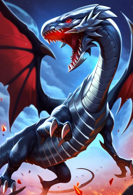 score_9_up, score_8_up, score_7_up, score_6_up, red-eyes black dragon, dragon, giant dragon, chrome metal scales, metallic scales, realistic metal scales, scaly body, polished scales, reflective metal scales, segmented body, claws, wings, dragon wings, red eyes, (glowing red eyes), (infernal background)