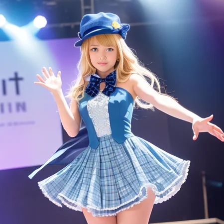 aruru_otsuki\(starlight\), aruru_otsuki\(starlight\)token16, sparkle, sparkle_background, 1girl, outstretched_hand, hat, argyle_background, solo, long_hair, bow, pantyhose, outstretched_arm, smile, blonde_hair, argyle, blue_dress, open_mouth, diffraction_spikes, dress, lens_flare, blue_background, bowtie, glint, plaid_background, :d, frills, yellow_eyes, sparkling_eyes, stage_lights, hat_bow, blue_headwear, magic_circle, masterpiece, high_quality,Extremely Delicate Pixiv 8K-Illustration, Best Quality, Hyper Detailed, Intricate Details, Sun Dogs Effect, Depth Of Field,, (extremely detailed skin), (extremely detailed eyes), (extremely detailed face), (extremely detailed hair), (perfect anatomy), extremely detailed CG unity 8k wallpaper,thick highlights in eyes,extremely detailed glistening iris, perfect shading, perfect overlay, perfect highlights, color tress, colorful reflected light in eyes,