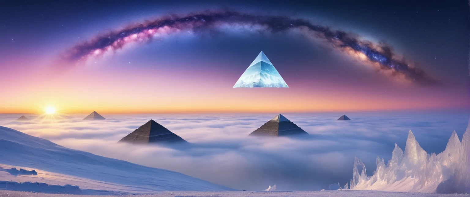 Polar regions of Earth , three Pyramid, galaxy , and supernova, in the sky, sunrise with morning fog near ground , sunlight with godrays,
((Photo Raw))
