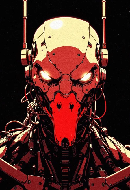 A digital artwork in the style of cknc, closeup portrait of a fearsome, warrior-like dystopian goose-shaped robot cyborg head, designed as a terrifying watch-goose, two tones pastel red and beige, anime/manga sketch, deep blacks, moody. The goose robot stands in absolute darkness, its glowing eyes emitting intense, focused beams of light like cutting spotlights. , cables and wires hanging from its neck like trophies. Everything outside the light’s reach remains completely black, amplifying the surreal, intimidating aura of this vigilant, mechanical guardian.