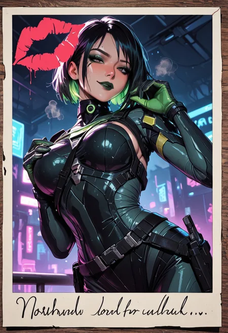 highres, very detailed, amazing quality, masterpiece,
very aesthetic,
particle effect,
1girl, 25 years old, solo, viper, viper from valorant, beautiful face, toned arms, eyeshadow, eyeliner, detailed eyes, black hair, green highlights in hair, ripped outfit, tattered, body armor suit, futuristic armor, cyberpunk, harness on hips, pistol holster, breasts, tattoo, hot, sweat, steaming body, choker, skindentation, beautiful lights, nightclub, rooftop, outside, at night, night, close up, smirk, smile, leaning, hands on breasts, adjusting top, adjusting clothing, pulling on top, teasing, tease, boob tease, skindentation, 
leaning, cool pose, straps between breasts, 
Lipstick Marks on screen, 1girl, dark green lipstick, kissmark, lipstick mark, 
From the front, view from the front, front view,
Postcard, Postcard border, polaroid, "XOXO", Marker writing, writing on postcard, "XOXO",
