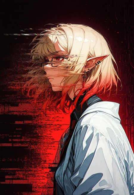masterpiece, best quality, high quality, newest, highres, absurdres, LeIsT0_illu, 4ur4_illu, retro_artstyle, retro, cyberpunk, gglittch, glitch, colorful, abstract, abstract background, chromatic aberration, digital dissolve,

(Girl:0.0), 1girl, solo, blonde hair, medium hair, gradient hair, red highlight, swept bangs, red eyes, ultra-detailed anime eyes, pointed ears, earrings, ear piercing, lab coat, white dress shirt, tie, black rimmed glasses, serious, 

(Scene:0.0), close up shot, ((side profile)), glitch, face glitch, abstract glitch, 

blurry, depth of field, dynamic composition, Japanese text, code, geometric shapes, numbers, cyberpunk aesthetics, neon lights, abstract background, foreshortening, digital art, 2D illustration, dramatic lighting, red theme, 