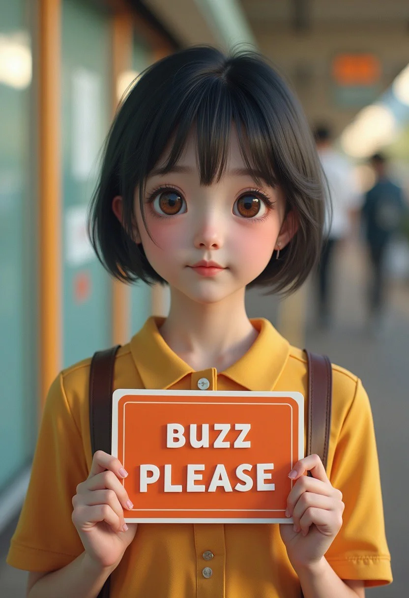 cute short hair japanese woman holding sign "buzz please", hyperrealism ,4k, unreal engine,perfect light