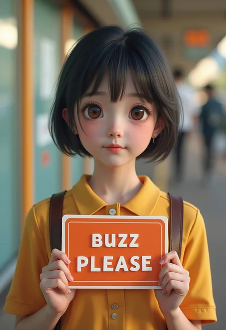 cute short hair japanese woman holding sign "buzz please", hyperrealism ,4k, unreal engine,perfect light