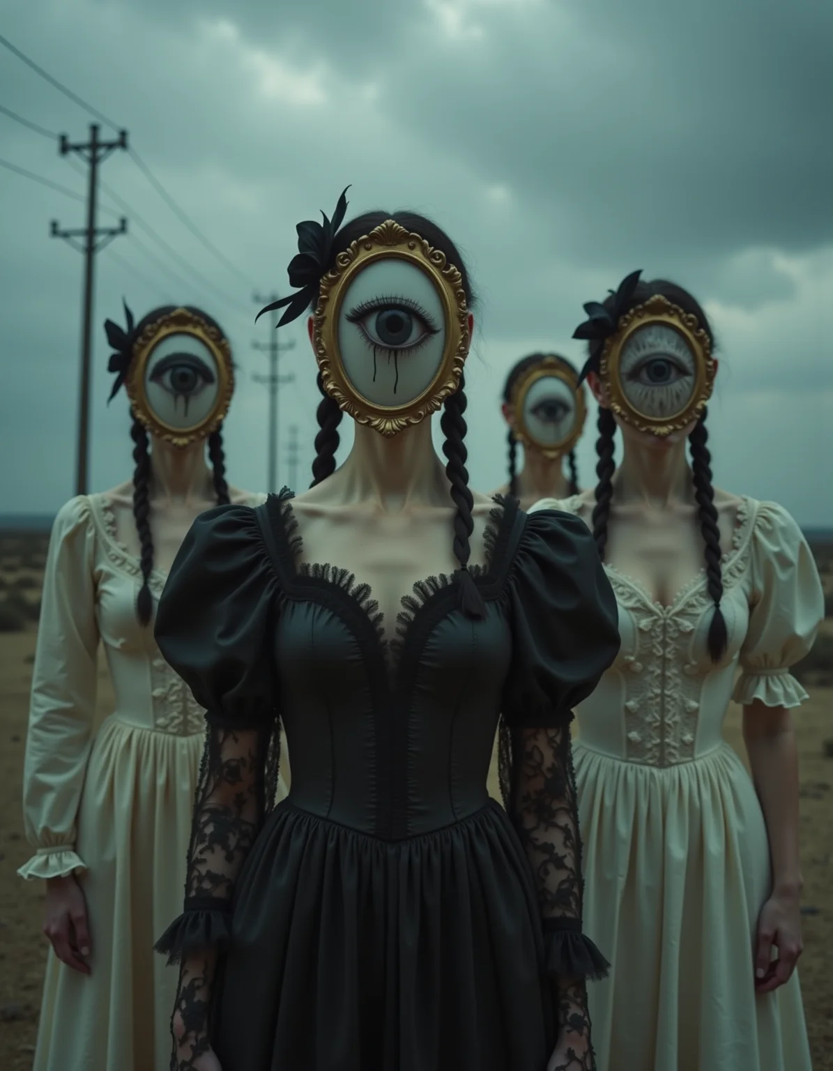 Porcelain-skinned figures in frayed lace gowns cluster beneath a stormy sky, their pale hair braided with black silk ribbons. Antique gilt frames hover before their faces, each holding a taxidermied ravenâs eye that weeps black tears. The central figureâs obsidian taffeta dress absorbs light, while the othersâ ivory linen robes glow faintly. Jagged iron power lines cut across the moody backdrop, and sepia-toned fog blurs the desolate horizon.
_________
dramatic beauty, otherworldly quality, soft lighting, shallow depth of field, high detail, dynamic composition, cinematic shot, film grain, balanced shadows, harmonic colors, emotional depth, symbolic meaning, innovative props/costumes, timeless elegance, modern themes, iconic imagery, unforgettable moment, captivating beauty, stunning impact, thought-provoking, artistic vision, masterful execution.
<lora:cheats:0.4> <lora:NOOB_vp1_detailer_by_volnovik_v1:0.5>
