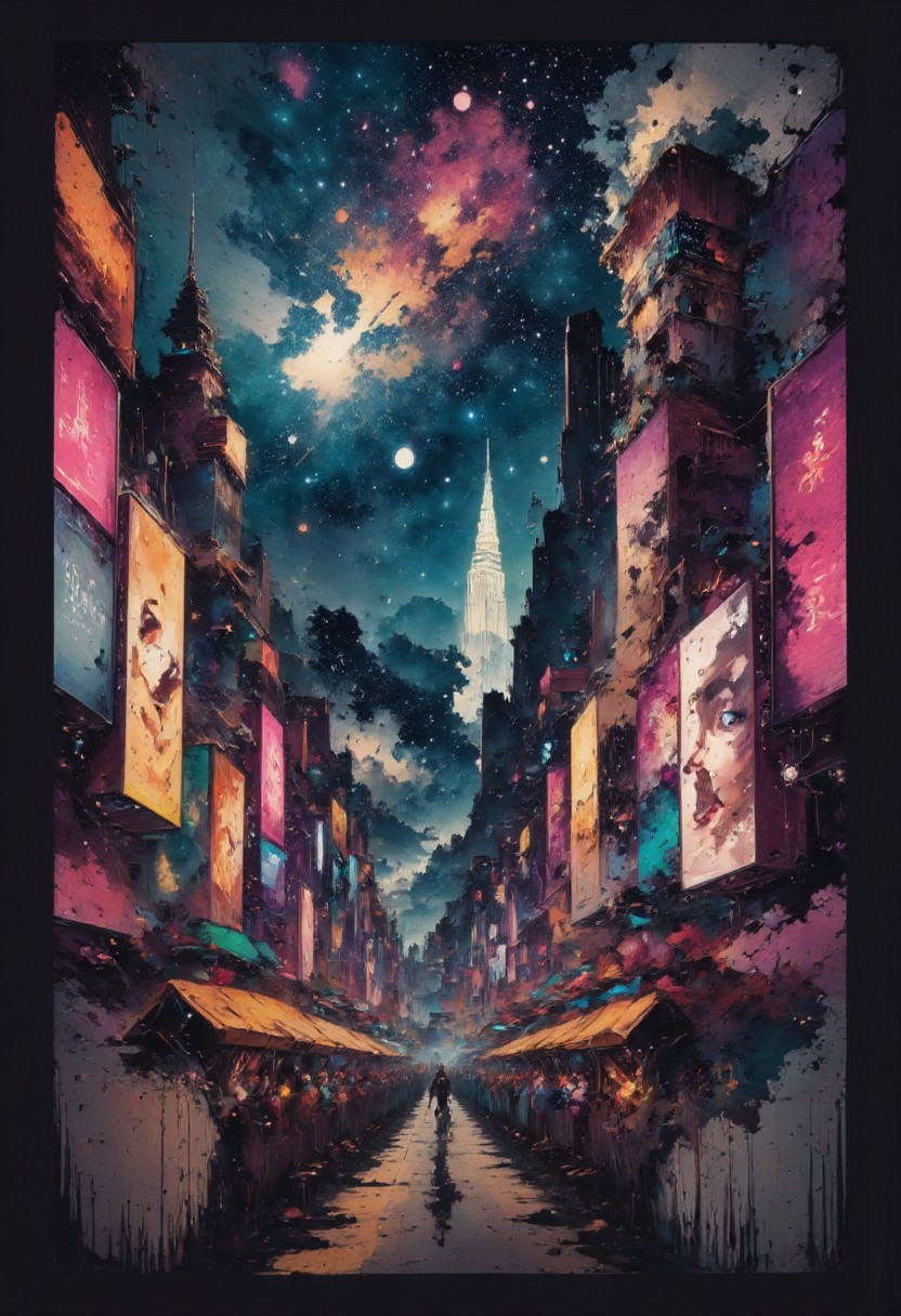 aidmainkstyle, a futuristic sci-fi city reminiscent of Times Square with tall towers and futuristic skyscrapers, neon advertising boards for cosmetic and lingerie featuring women, surreal colours, detailed night sky with stars and nebulas