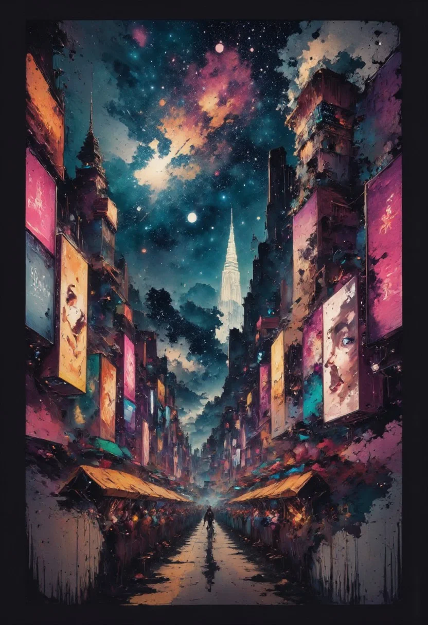 aidmainkstyle, a futuristic sci-fi city reminiscent of Times Square with tall towers and futuristic skyscrapers, neon advertising boards for cosmetic and lingerie featuring women, surreal colours, detailed night sky with stars and nebulas