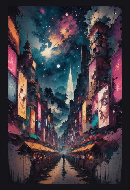 aidmainkstyle, a futuristic sci-fi city reminiscent of Times Square with tall towers and futuristic skyscrapers, neon advertising boards for cosmetic and lingerie featuring women, surreal colours, detailed night sky with stars and nebulas