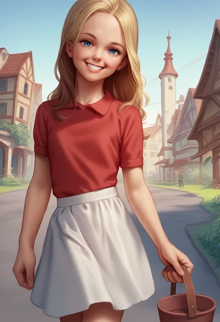 score_9, score_8_up, score_7_up, score_6_up, score_5_up, score_4_up, marlier, BREAK,
1girl, blonde hair, long hair, blue eyes, brown hair, red shirt, white skirt, looking at viewer, smile, outdoors  <lora:MarcelMarlierXLLocon:1>