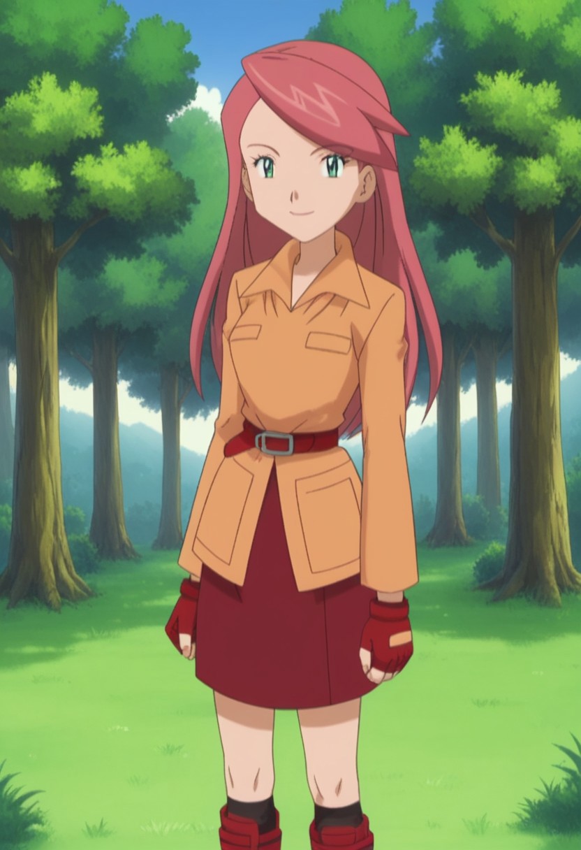Score_9_up, Score_8_up, Score_7_up, easynegative, ng_deepnegative_v1_75t,
PKMNSolidad, 1girl, pink hair, swept bangs, long hair, green eyes, eyelashes, Orange shirt, collared shirt, long sleeves, belt, red skirt, red boots, kneehighs, fingerless gloves, red gloves, solo
trees, standing, happy smile, outdoors, 1girl, grass, outdoors, nature