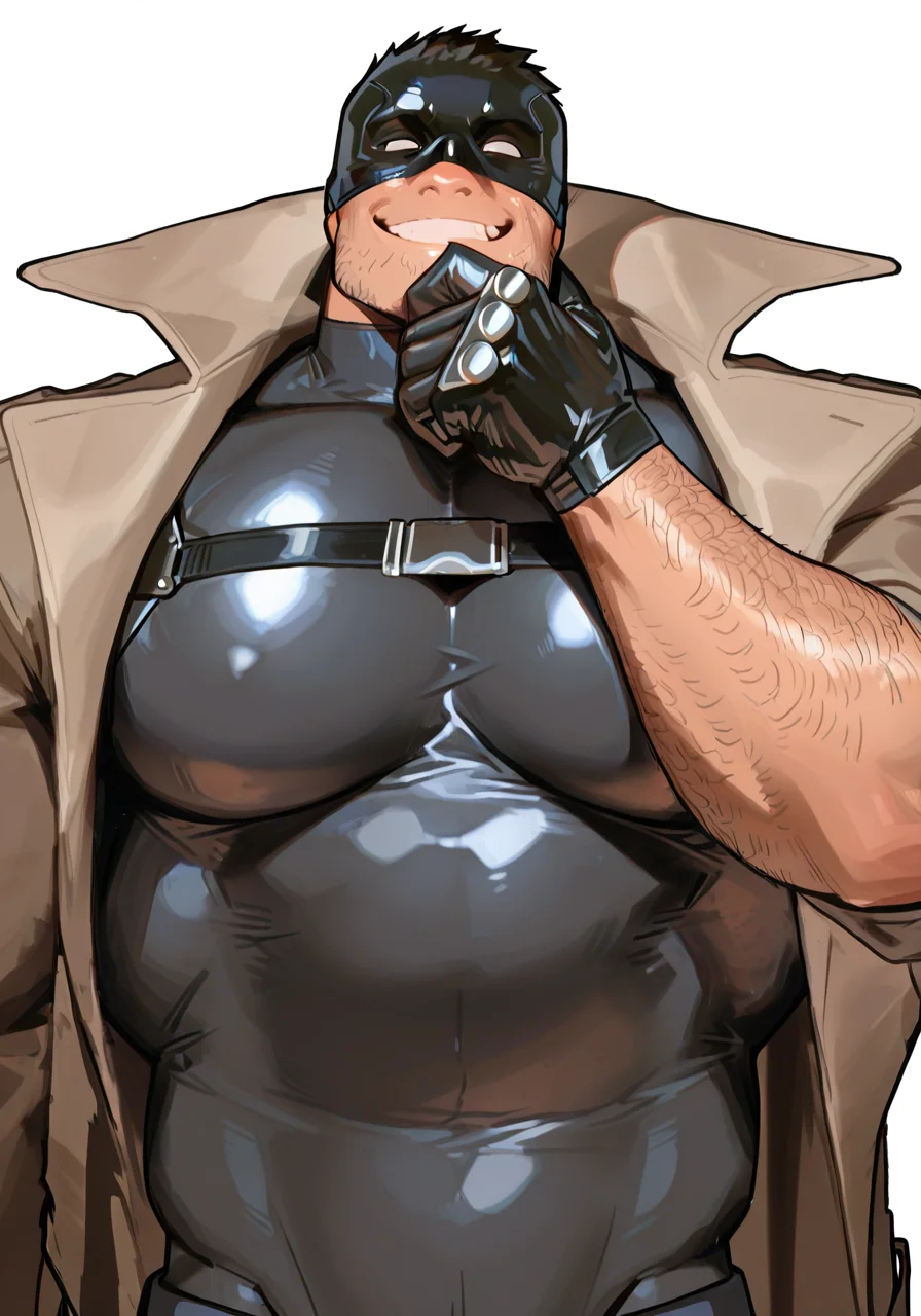masterpiece,best quality,amazing quality, bara, 1boy, solo,male only, white background, simple background, portrait, upper body, thick outline,
knuckleduster, mask, smiling, open coat, chest straps, shirt, tight clothing, black gloves, wiping mouth, broad shoulders, wide body, big pecs, arm hair,
looking at viewer,
