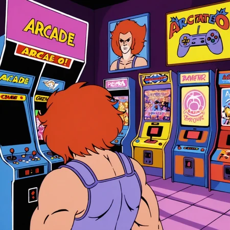 Lion-O man playing arcade inside a retro arcade store, vibrant neon colors, videogame posters, 2.5D, anime <lora:Lion-O-v1-000003:0.7>