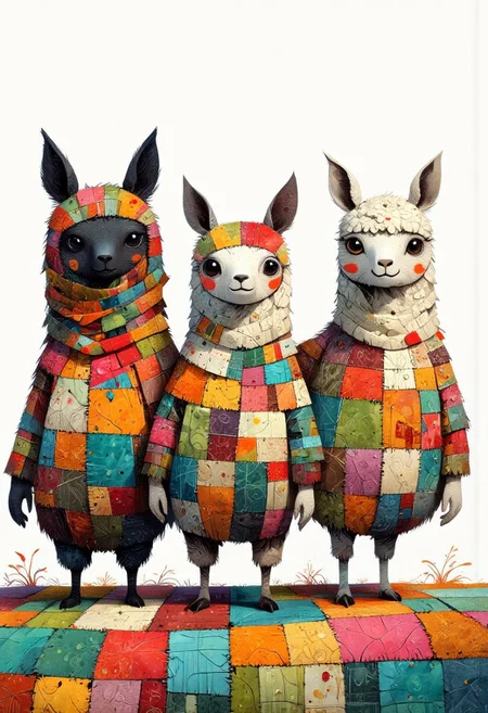 ppstorybook fantasy, Three different colored alpacas made out of patchwork fabric standing on a comfy patchwork blanket. They look very fluffy. Overall, the picture creates a feel-good atmosphere for the viewer.