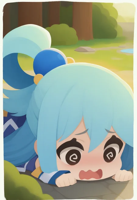 onmyojistyle, chibi, masterpiece, best quality, <break> white border, solo, 1girl, aqua \(konosuba\), open mouth, wavy mouth, lying, on ground, on stomach, blue hair, hair rings, @_@, stone floor, grass, tree, bush, puddle
 <segment:yolo-Anzhc Face seg 640 v2 y8n.pt,0.4,0.5//cid=1>