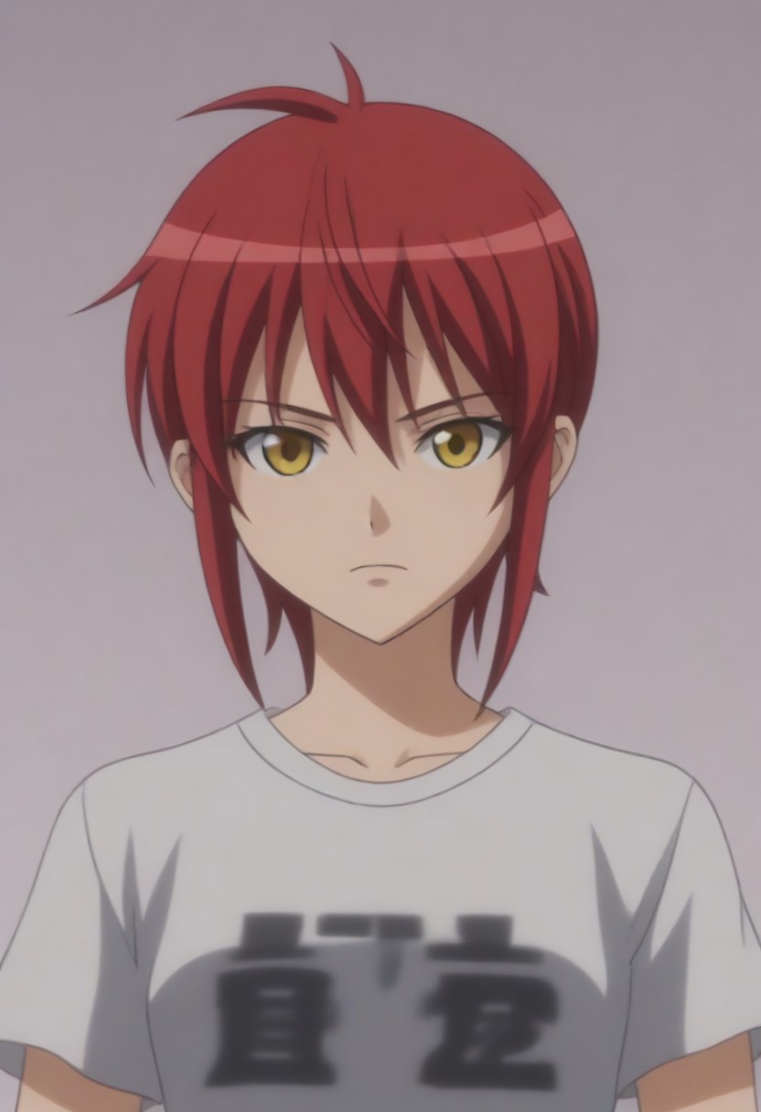 source_anime, anime screencap, source_anime, auratheguillotine, anime screencap, masterpiece, source_anime, shiny skin,,,,,,black t-shirt,1girl, solo, rza, red hair, yellow eyes,
