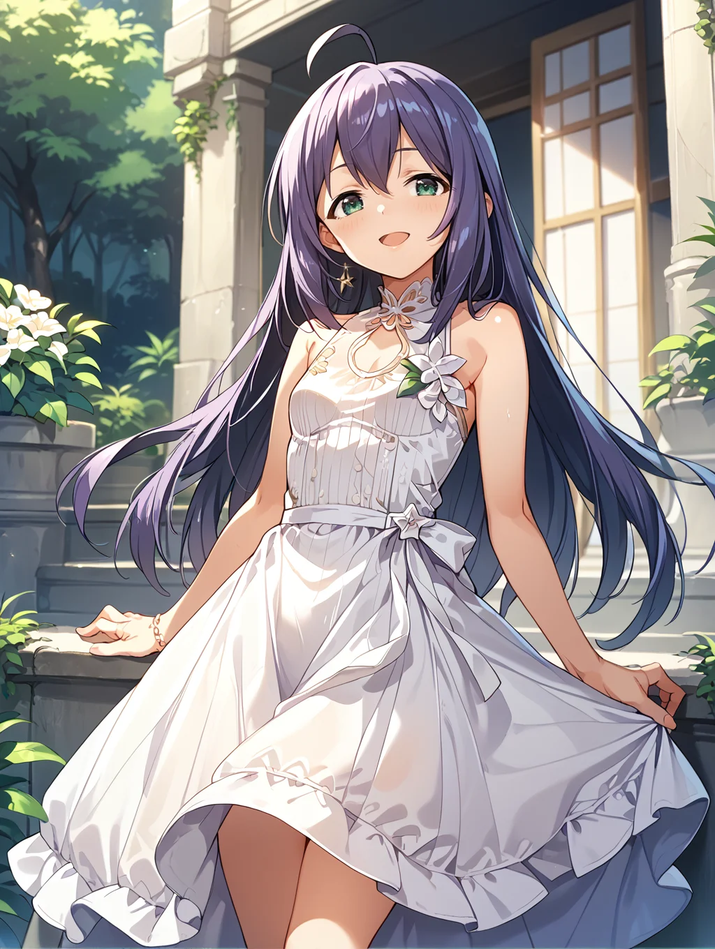 score_9,score_8_up,score_7_up,
official art,official style,game cg,megami magazine,
uncensored,
1girl,solo,
mochizuki anna,purple hair,green eyes,ahoge,
dress,white dress,sleeveless dress,
<lora:idolmaster_mochizuki_anna_pony_v1:1>,