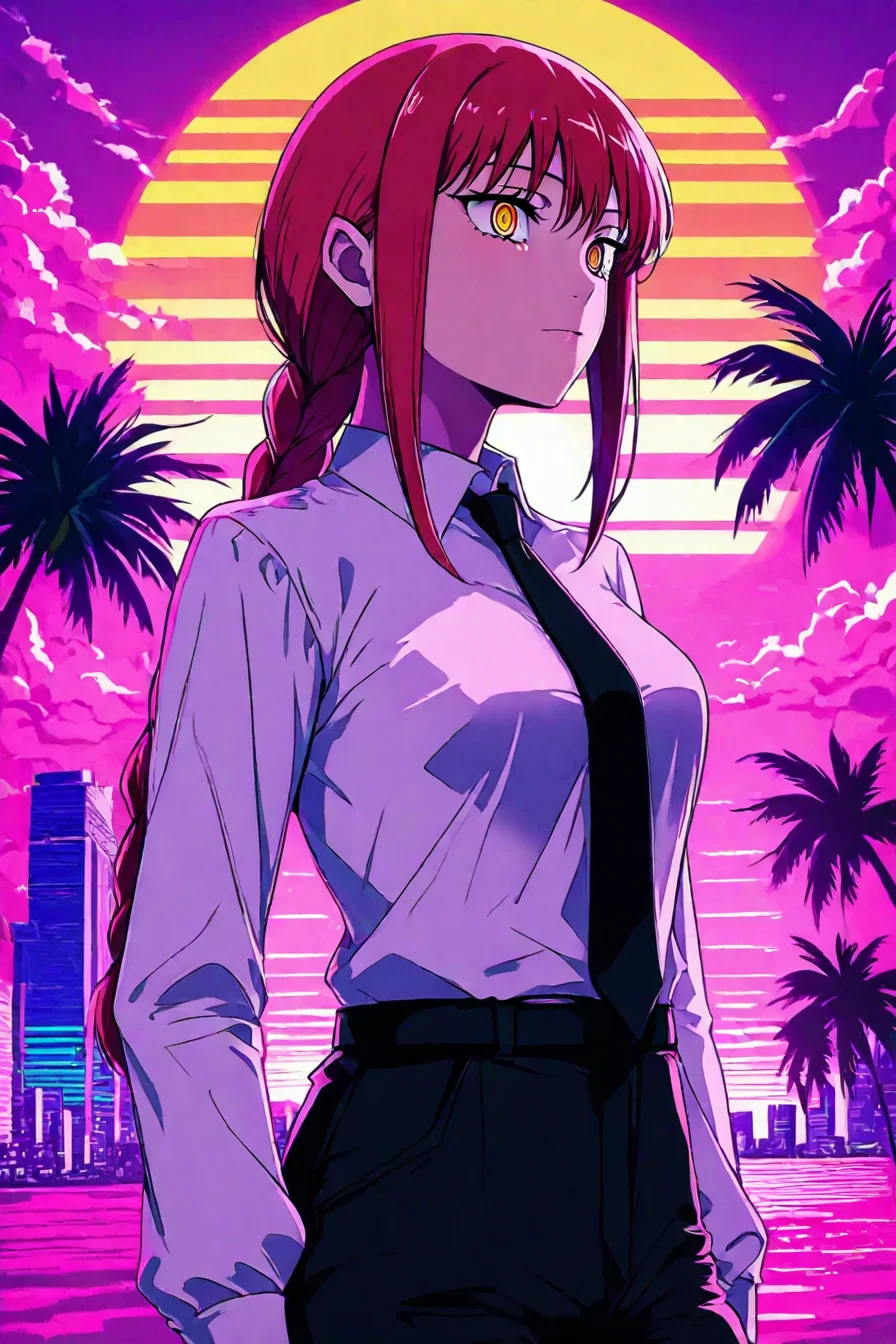 score_9, score_8_up, score_7_up, score_6_up, score_5_up, score_4_up, <lora:mak1ma0XL_Pony_v1:0.8> , mak1ma0, makima, braid, red hair, long hair, ringed eyes, white collared shirt, black necktie, black pants, 1girl, solo, alone, <lora:Vaporwave_anime_style_illustriousXL:1>, vaporwave_style, vaporwave,  sun background, horizontal striped sun, palm tree,  pink cloud, building, masterpiece, highres
