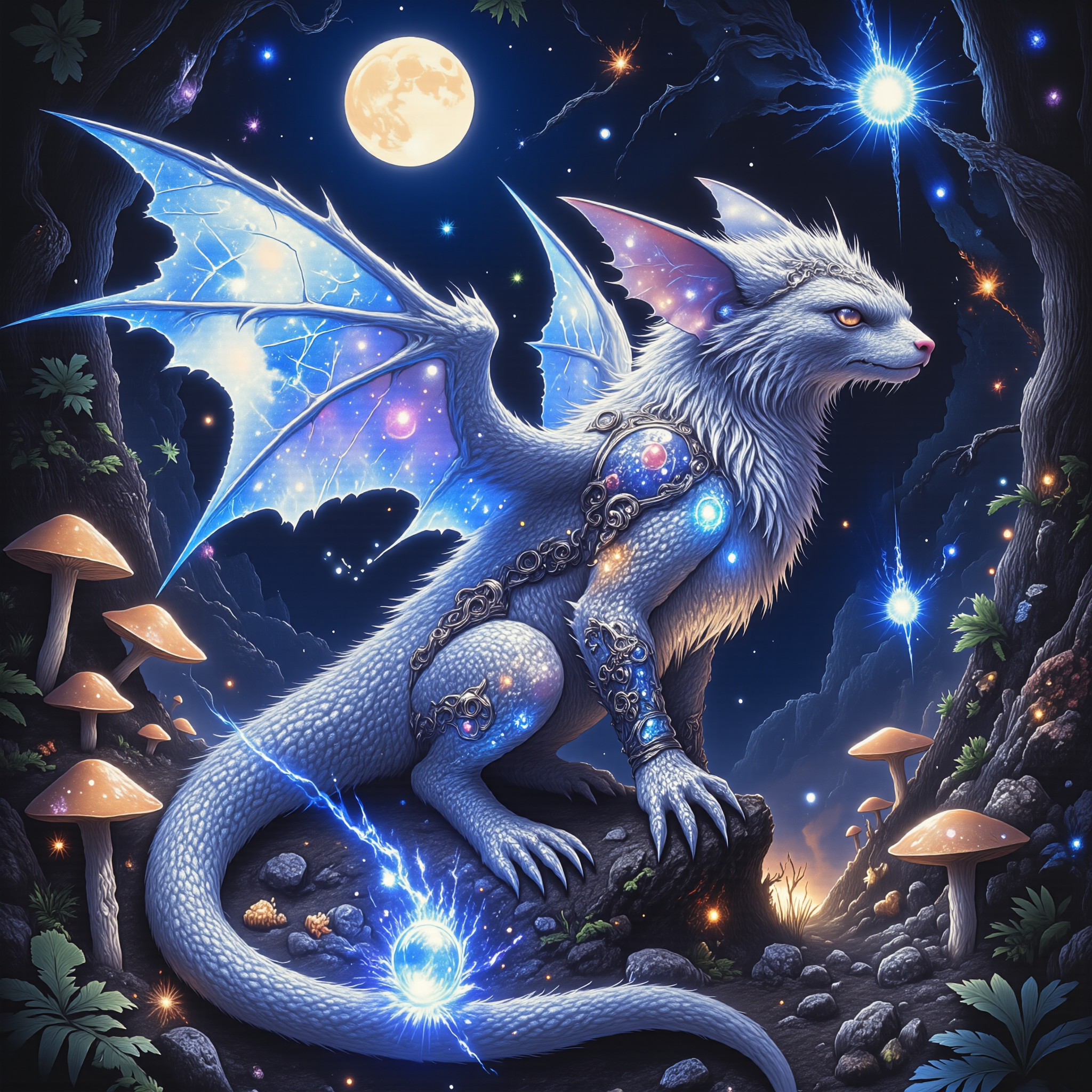 highly detailed, intricate, detailed background, famous artwork inspired by (jordan grimmer:1.2) and (chuck lukacs:1.3) and (donato giancola:1.2) and (steve argyle:1.1), , the mythical "silvery pergwoozle" with its iconic iridescent wings wriggleflomping in the moonlight, it often splackjammles among the bioluminescent mushrooms and glowing fireflies in the orbsladdering forest glades on planet "doubloon quartus", golden ratio, in the style of ck-ovf, amanoer, arsmjstyle, dnddarkestfantasy, aidmamj6.1, 
<lora:style-oneviolentfantasy-ep21-flux-by_chronoknight:0.6> 
<lora:style-yoshitaka_amano-elden_ring-flux-by_alicient:0.44> 
<lora:style-dnd_dark_fantasy-flux-by_arsmachina:0.8> 
<lora:midjourney_61-v0.4-flux-by_aidma:0.6> 
<lora:faetastic_details-flux-by_faeia:0.48>