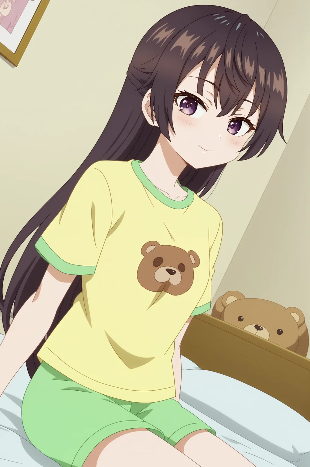 Yuki suou,anime screencap,1girl,solo,purple eyes,long hair,indoors,bedroom,sitting,bed,yellow shirt, t-shirt, animal print, green shorts, sitting on bed, looking at viewer, bear face print, dutch angle <lora:Yuki_Suou - PDXL2.safetensors:0.8>