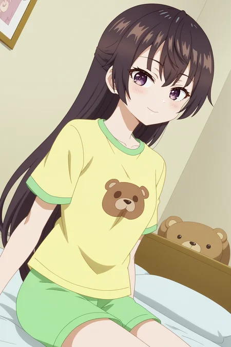 Yuki suou,anime screencap,1girl,solo,purple eyes,long hair,indoors,bedroom,sitting,bed,yellow shirt, t-shirt, animal print, green shorts, sitting on bed, looking at viewer, bear face print, dutch angle <lora:Yuki_Suou - PDXL2.safetensors:0.8>