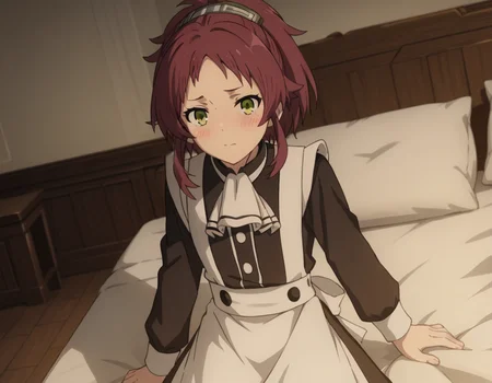 score_9, score_8_up, score_7_up, source_anime,
aishagreyrat, <lora:aisha-greyrat-s2-ponyxl-lora-nochekaiser:1>,
aisha greyrat, green eyes, ponytail, red hair,
long sleeves, apron, maid, ascot, white apron, white ascot,
indoors, bed, bed room, on side, blush, drunk,
solo, dutch angle, looking at viewer, cowboy shot,
