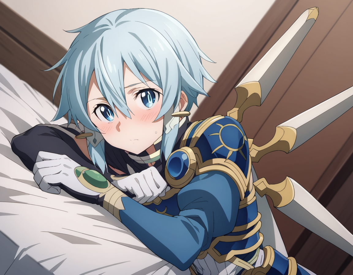 score_9, score_8_up, score_7_up, source_anime,
shinoasada, <lora:shino-asada-s3-ponyxl-lora-nochekaiser:1>,
shino asada, short hair, bangs, blue eyes, hair ornament, hair between eyes, blue hair, sidelocks, slit pupils,
gloves, long sleeves, wings, white gloves, armor, shoulder armor, breastplate, blue armor,
indoors, bed, bed room, on side, blush, drunk,
solo, looking at viewer, cowboy shot, dutch angle,