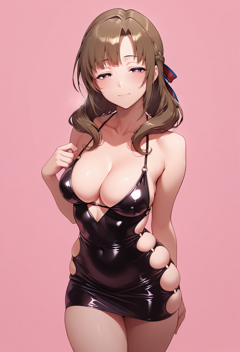 oosuki mamako,  mature female, medium breasts, masterpiece,best quality,absurdres, amazing quality,
1girl, solo,
standing,
looking at viewer, half-closed eyes, light smile,
simple background, pink background,
<lora:Slutty_dress_-_bodycon:0.8> 5l0tty_dr355_-_b0d1c0n, skindentation, short dress, collarbone, cleavage, black bodycon,