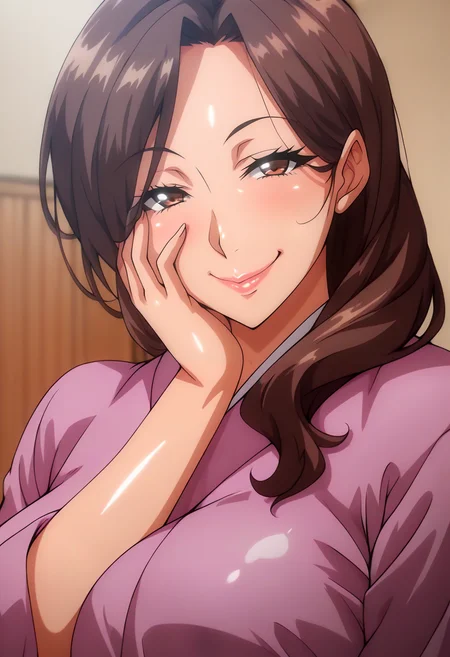 masterpiece, best quality, anime coloring, shiny skin, <lora:antechinusStyle_illusXL_Incrs_v2-000016:1>, mature female, seductive smile, kimono, hand on own face, smirk,