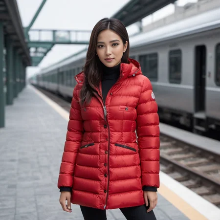 cute one latino women a wearing a long light red moncler_hermine jacket , hyperdetailed photography,4k textures,intricate details,4k resolution , <lora:moncler_hermine_v1_r2-000007:0.5>, doing asian poses, train scene