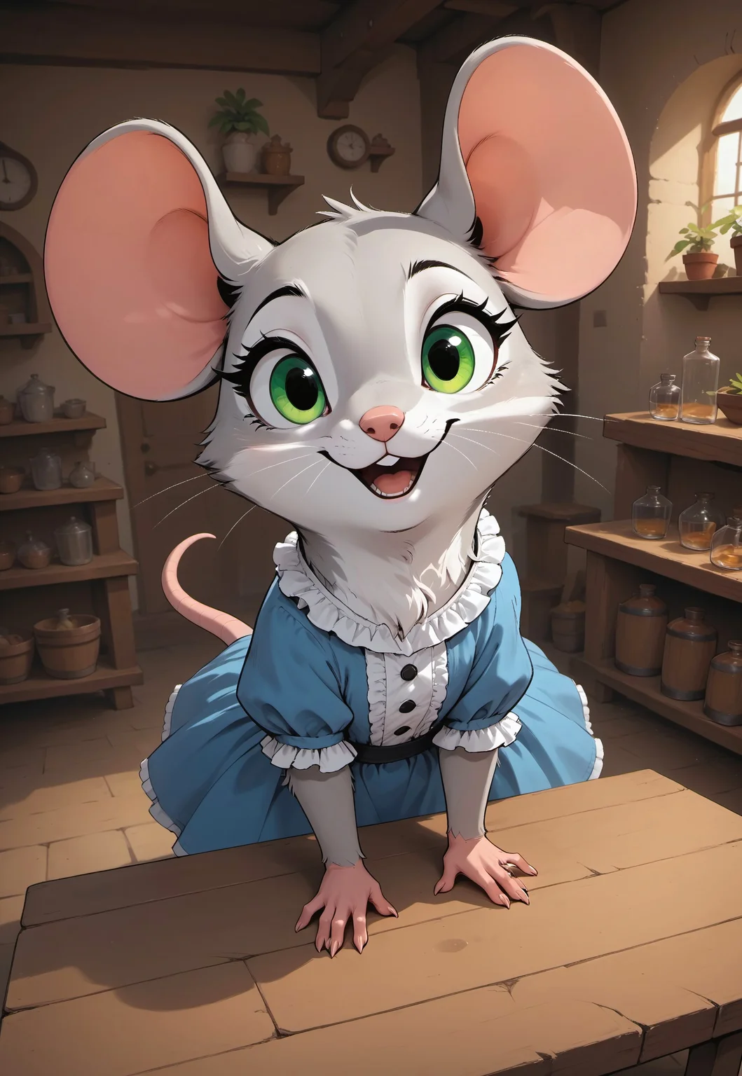 score_9, score_8_up, score_7_up, score_6_up, score_5_up, score_4_up, m0use_goldie, female, grey fur, green eyes, cute, (feral:1.3), (holding potion), white frilly shirt, blue skirt, Foreshortening, dynamic pose, extreme perspective, (action pose), cottage, apothecary, indoors, looking at viewer, bottles, potions, shelves, table, from above, upper body shot, head focus, (open mouth:0.7),