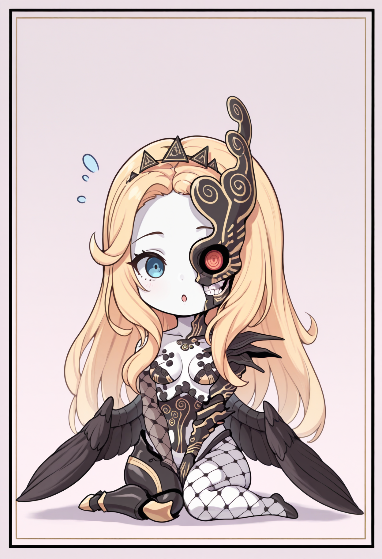 masterpiece, best quality, 1girl, solo, wariza, chibi, meme, :o, <lora:NaamahSMT-illu:1> naamah, blonde hair, long hair, tiara, blue eyes, white skin, half mask, black wings, cyborg, single mechanical arm, fishnet gloves, single elbow glove, fishnet pantyhose, mismatched legwear, mechanical leg, simple background, border