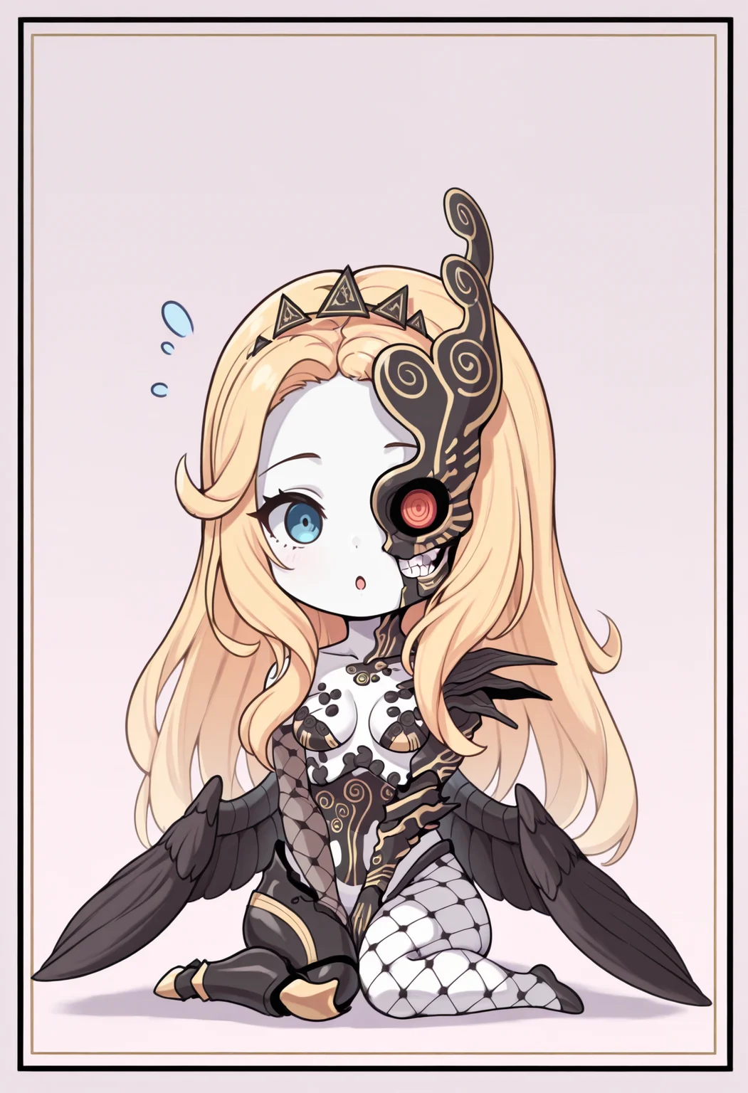masterpiece, best quality, 1girl, solo, wariza, chibi, meme, :o, <lora:NaamahSMT-illu:1> naamah, blonde hair, long hair, tiara, blue eyes, white skin, half mask, black wings, cyborg, single mechanical arm, fishnet gloves, single elbow glove, fishnet pantyhose, mismatched legwear, mechanical leg, simple background, border