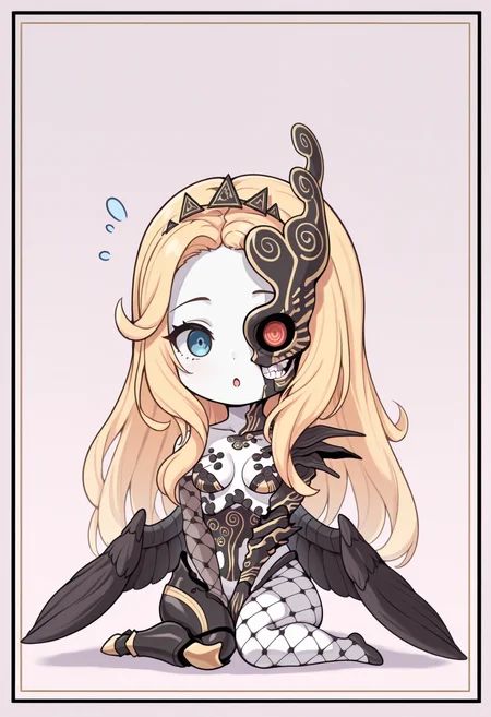 masterpiece, best quality, 1girl, solo, wariza, chibi, meme, :o, <lora:NaamahSMT-illu:1> naamah, blonde hair, long hair, tiara, blue eyes, white skin, half mask, black wings, cyborg, single mechanical arm, fishnet gloves, single elbow glove, fishnet pantyhose, mismatched legwear, mechanical leg, simple background, border