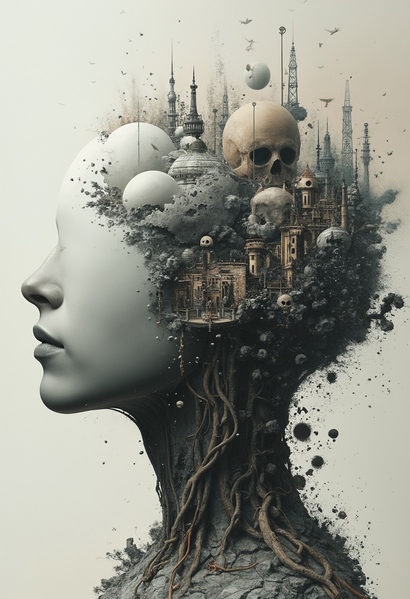 The state of mind of a man who is unable to rest: every time he falls asleep in one, he wakes up in another.
And then the situation repeats itself. 
 All worlds are nightmares. No rest for the wicked mins. Monsters inside any thoughts. style of Exploded assembly, white sphere on the background