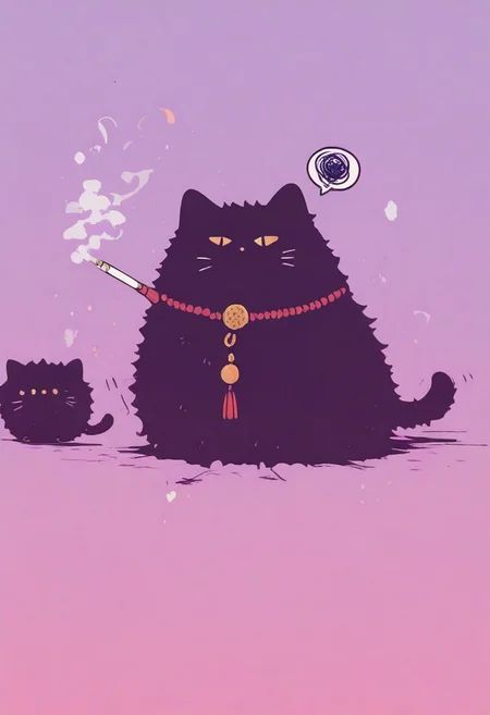 masterpiece, best quality, amazing quality, very aesthetic, absurdres, newest
Flatline, Flat vector illustration
a cat, no humans
smoking cigarette, holding cigarette, arm rest, bored, grumpy, spoken squiggle
blurry foreground
glitch effects
wtfisthis, vdsur, surreal <lora:spo_sdxl_10ep_4k-data_lora_webui:0.8> <lora:reij-detaILer_v2:0.4> <lora:Wtf-is-this-LoRA:0.8> <lora:Flatline_vector_illustration_v1.0:1> <lora:Vonderful_Psychasurreal:0.8>